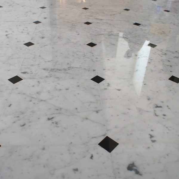 “Stylish black and white marble floor adding elegance to the interior.