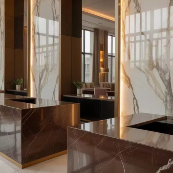 Rich chocolate brown patterns meet soft cream tones in Cremo Delicato Marble Quartz, perfect for luxury interiors