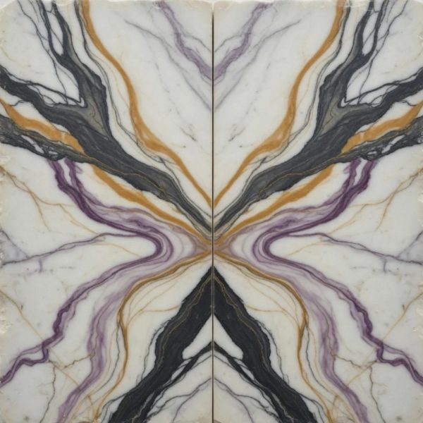 Elegantly mirrored marble slabs create a striking, continuous pattern that highlights the natural beauty and symmetry of the stone.